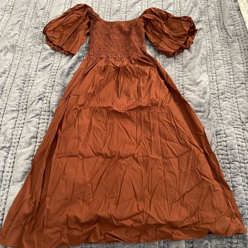 Reformation Rust Brown Puff Sleeve Midi Dress